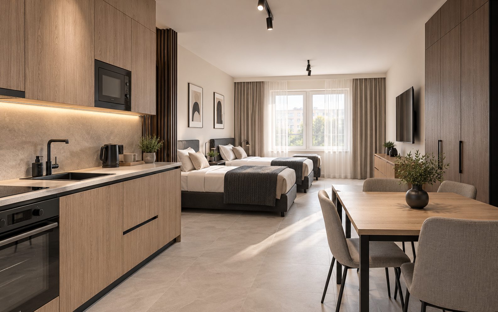 Przykładowa aranżacja: apartament z trzema łóżkami i aneksem